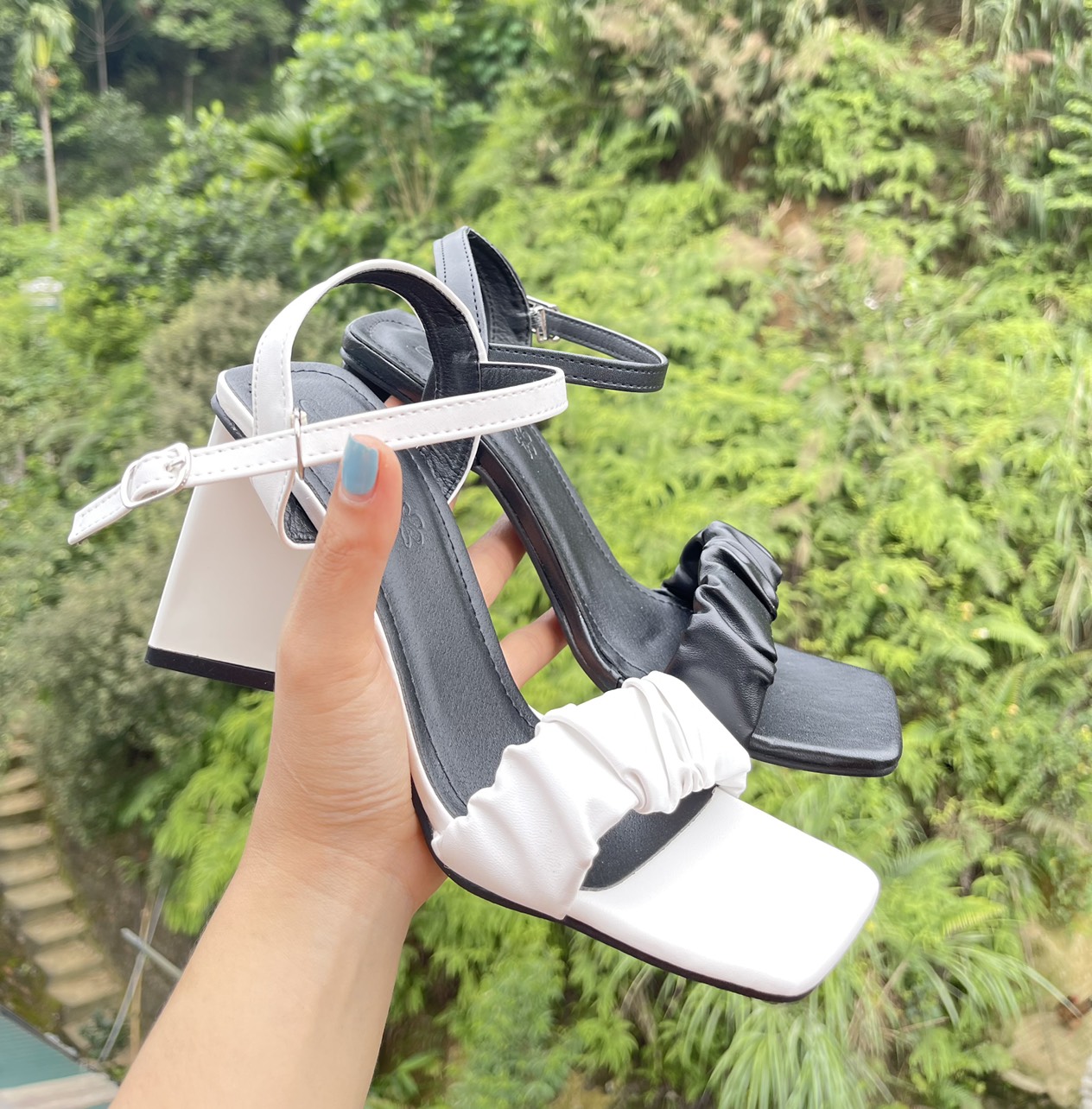Sandal da mịn quai nhún gót trụ tam giác to - 9P
