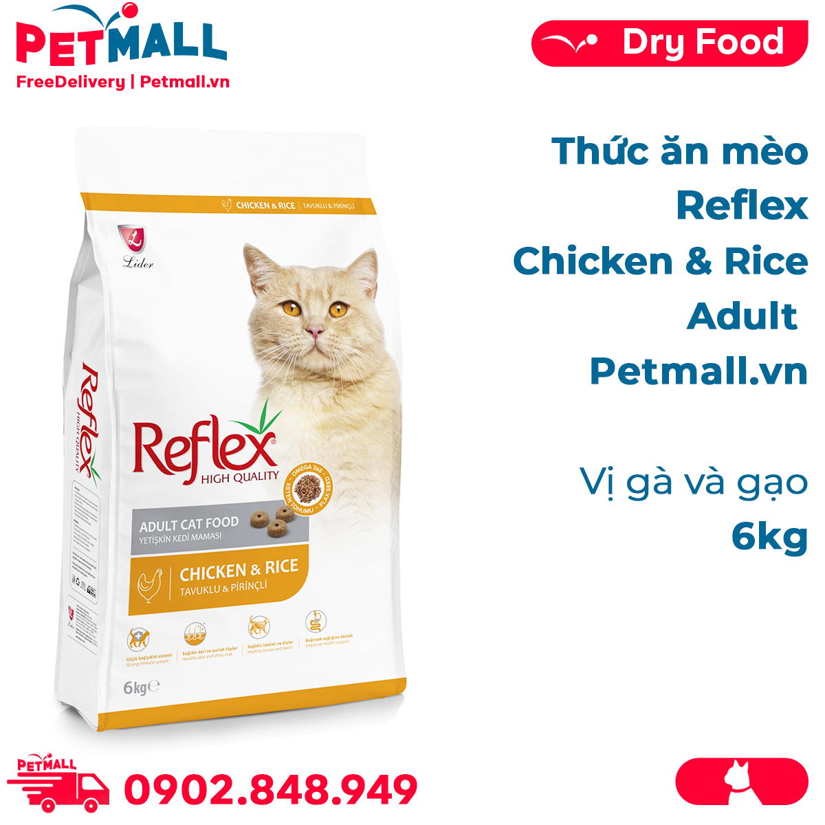 Thức ăn mèo Reflex Chicken & Rice Adult 6kg - Vị gà và gạo Petmall