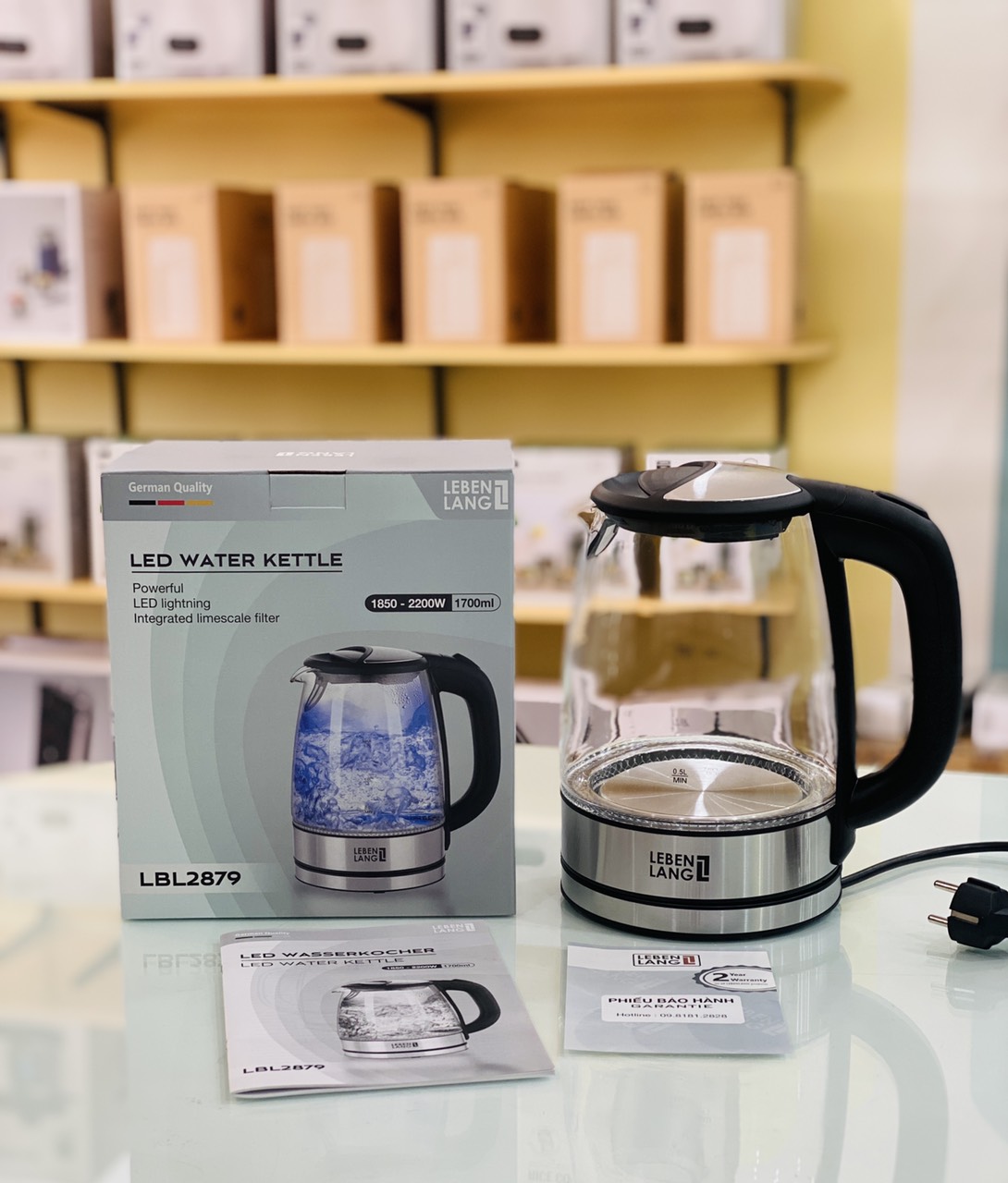 Ấm siêu tốc thủy tinh Lebenlang 1.7L