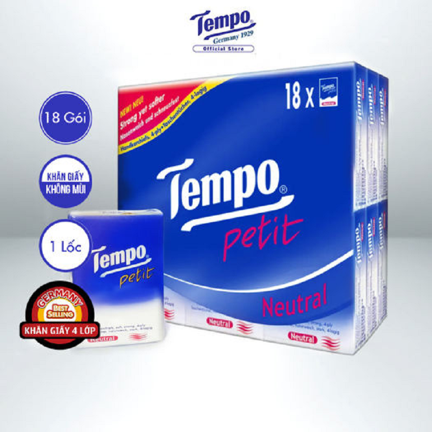 Lốc 18 gói Khăn giấy bỏ túi Tempo Petit không mùi 4 Lớp