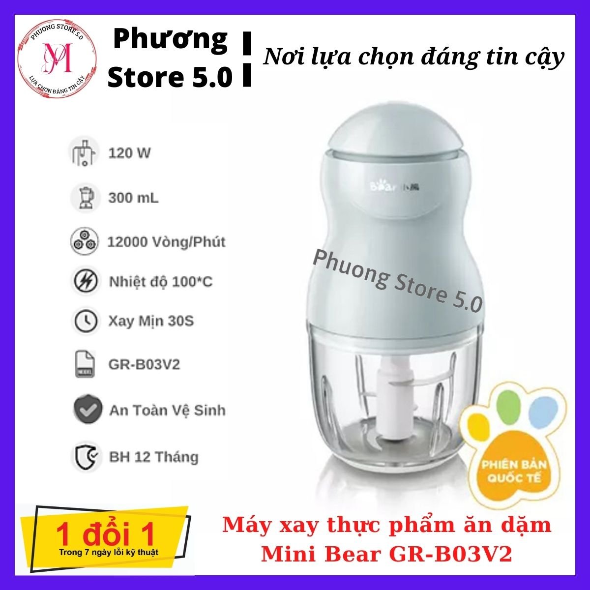 Máy xay mini đa năng bear 0.3l gr-b03v2, máy xay sinh tố, thực phẩm, ăn dặm cho bé, hàng chính hãng