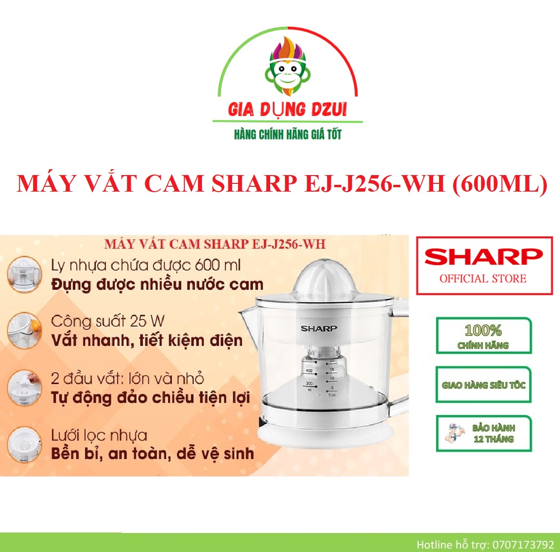 Ej-j256-wh - máy vắt cam sharp 0.6l - chính hãng 12 tháng