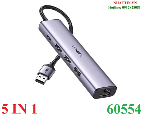 Hub chuyển đổi 5 in 1 usb type-a ra lan 1000mbps kèm hub 3 cổng usb 3.0 ugreen 60554 cao cấp