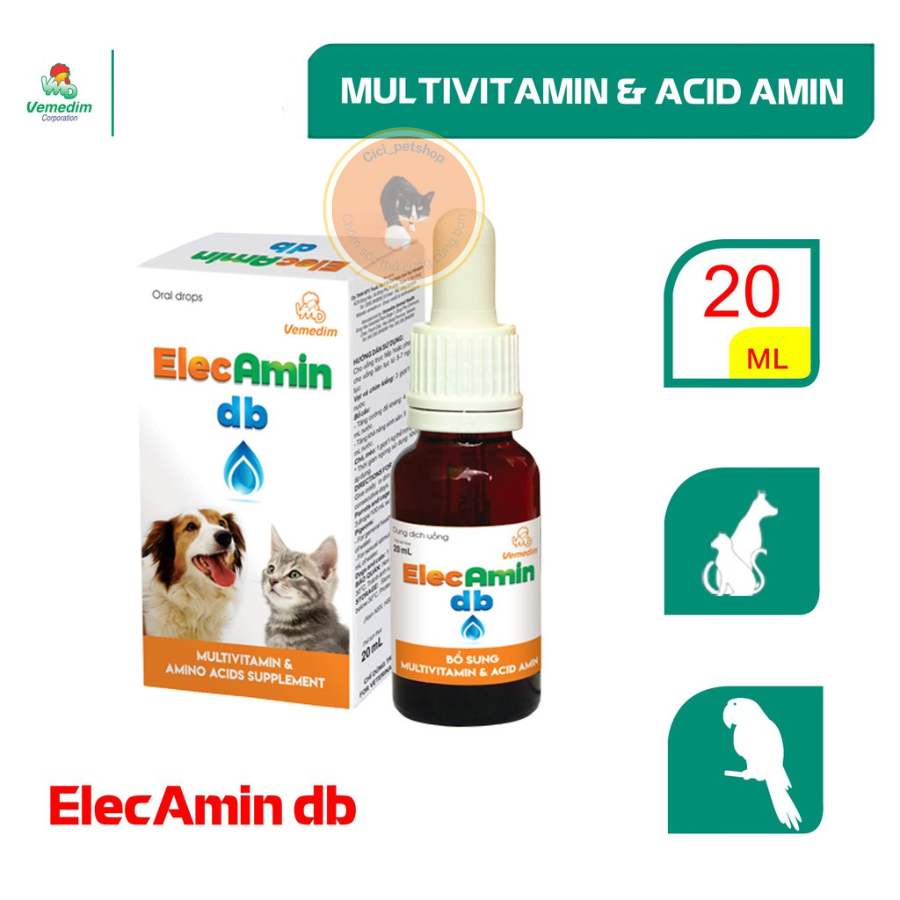 Vemedim Elecamin db bổ sung multivitamin, tăng đề kháng cho chó, mèo, chim cảnh, chai 20ml