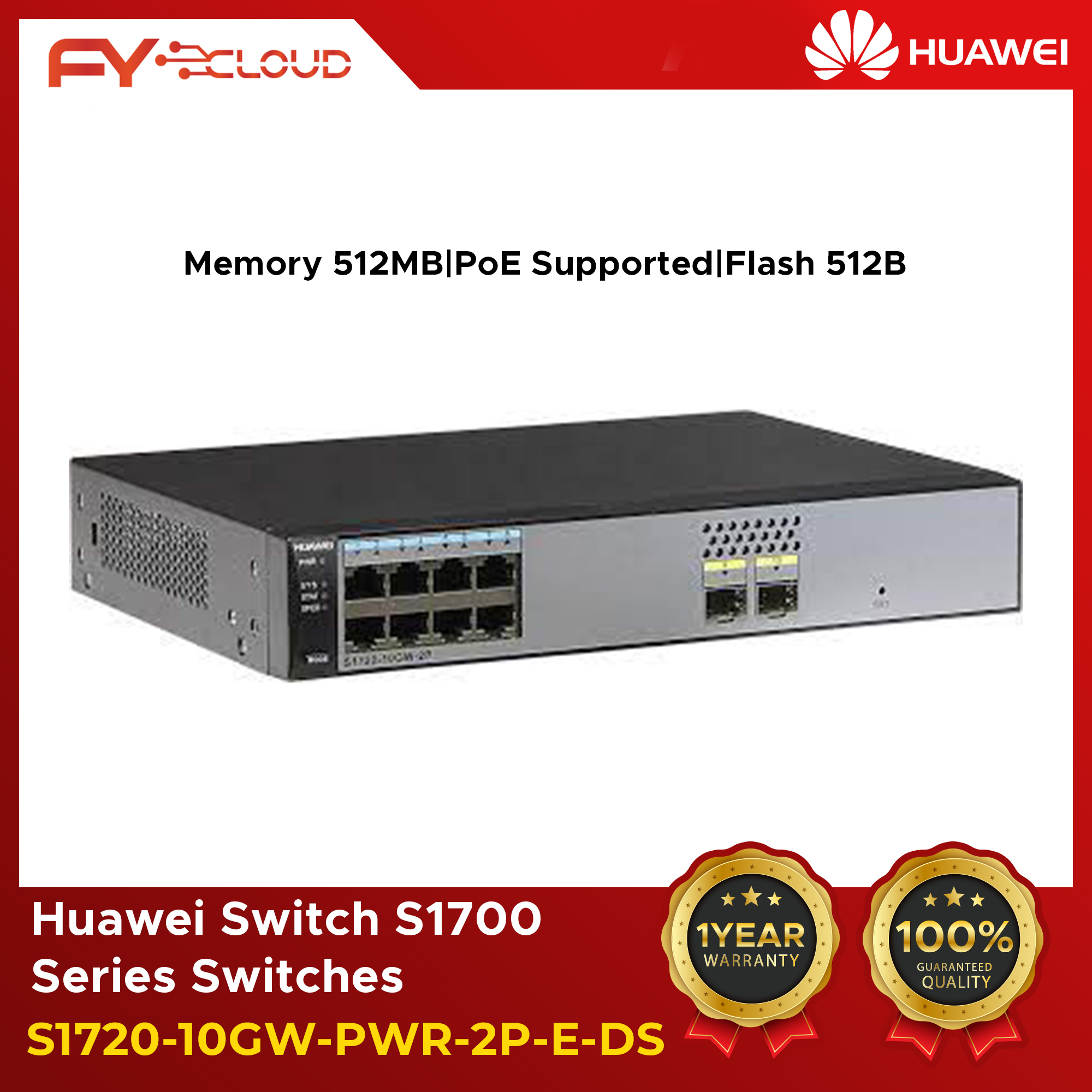 Huawei Switches/Huawei S1700 Series Switches/Enterprise Networking/Fixed Switch/Campus Switch & WLAN/Memory 512MB/13.3 W Bundle(8 Ethernet 10/100/1000 PoE+ ports,2 Gig SFP,124W PoE AC 110/220V)/S1720-10GW-PWR-2P-E-DS
