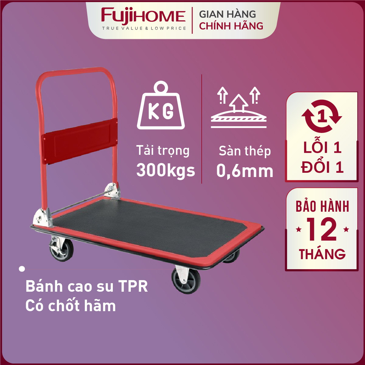 Xe đẩy hàng 4 bánh gấp gọn 100 - 300kg Nhập Khẩu Fujihome xe kéo hàng gấp gọn đa năng giá rẻ bánh cao su không ồn