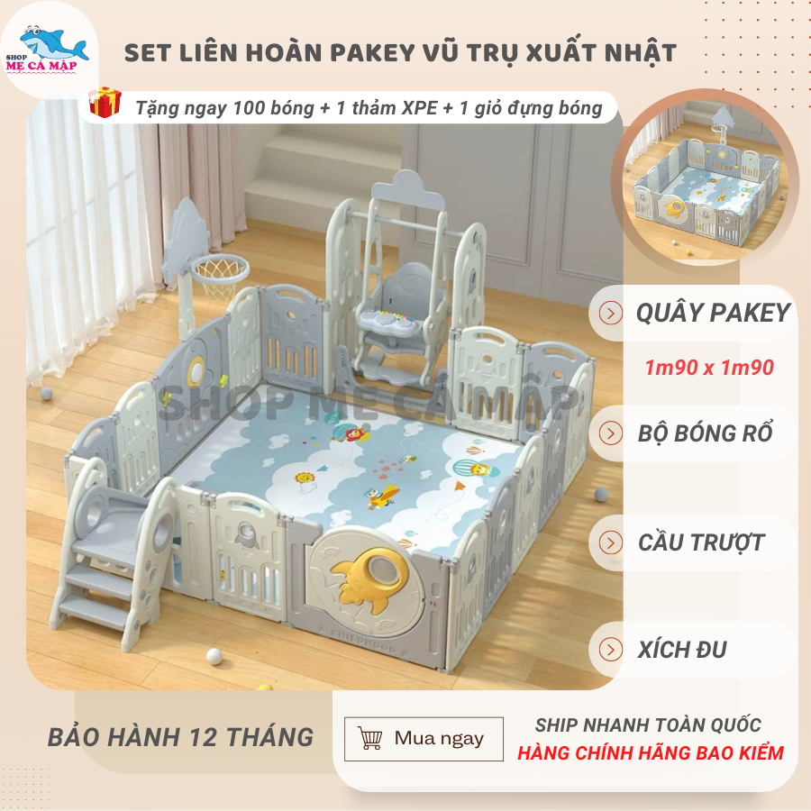 Quây cũi nhựa vũ trụ full set gấp gọn cầu trượt xích đu, tặng kèm bộ bóng rổ