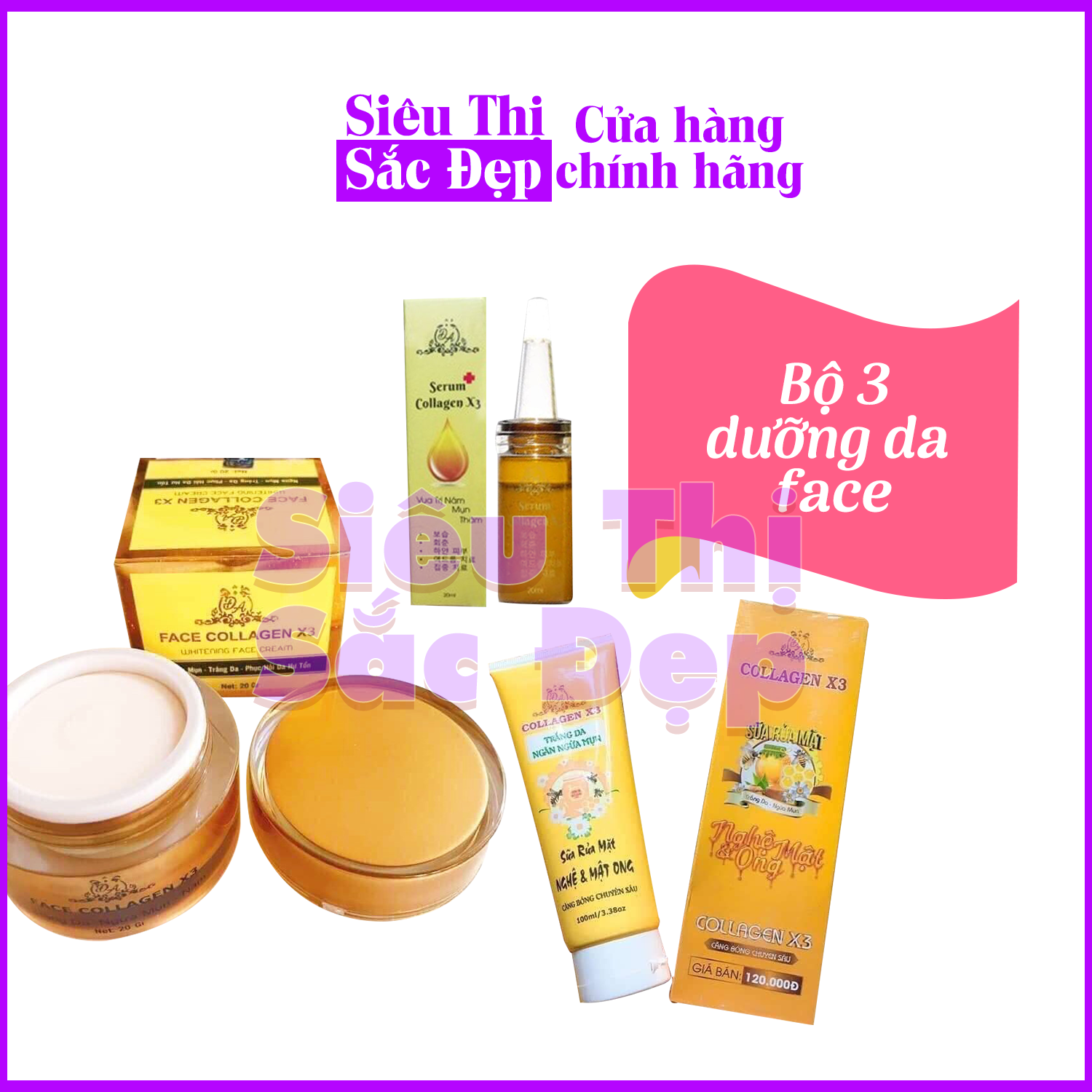 [HCM] Bộ 3 dưỡng da và phục hồi da collagen x3 gồm: 1 hủ kem face, 1 sữa rửa mặt, 1 serum