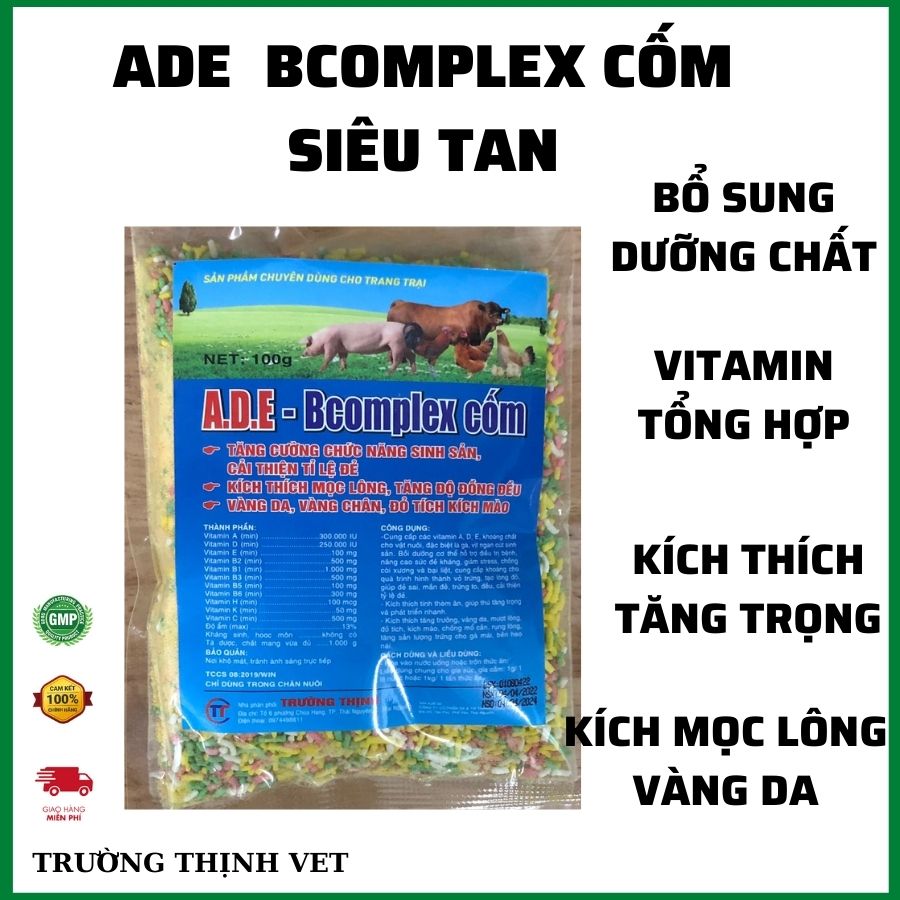 "Hoàn tiền đến 10%" ADE Bcomplex cốm siêu tan vitamin tổng hợp tăng cân, lông da mượt gói 100 gam Thú y Trường Thịnh