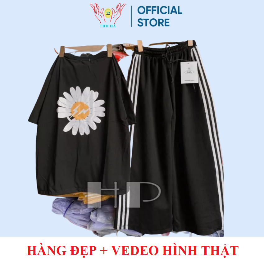 Sét bộ áo hoa cúc và quần kẻ sọc phong cách