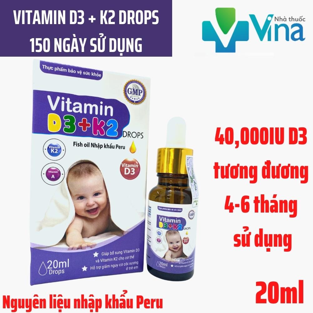 Vitamin D3 + K2 Drops 40000IU- 150 ngày sử dụng - Bổ sung vitamin D3 &amp;K2 Tăng cường hấp thu canxi tối đa Lọ 20ml