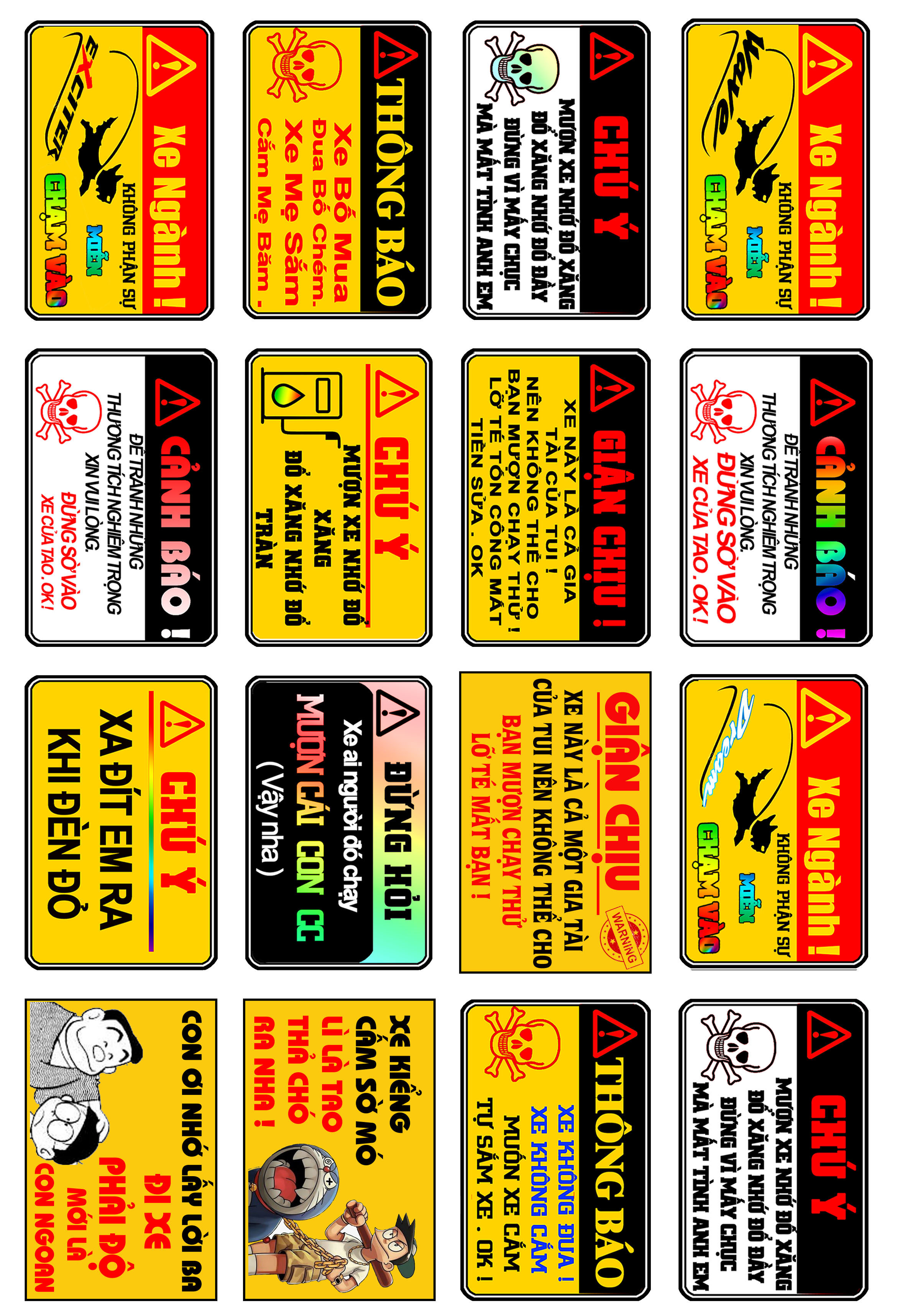 Tem tấm logo cảnh báo hài hước 16 tấm kích thước tem 6x7cm decal cao cấp chống nước chống bay màu ẩm mốc