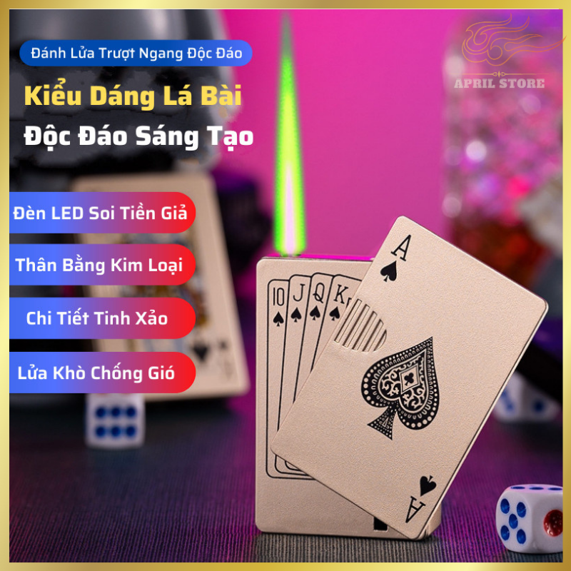 Bật Lửa AW-756 Xài Gas Lửa Khò Xanh Mô Hình Poker Tích Hợp Đèn Led Soi (Không gas)