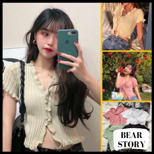 Áo croptop nữ kiểu thun gân bèo nút bọc 🎀 ak0034 | bear.story