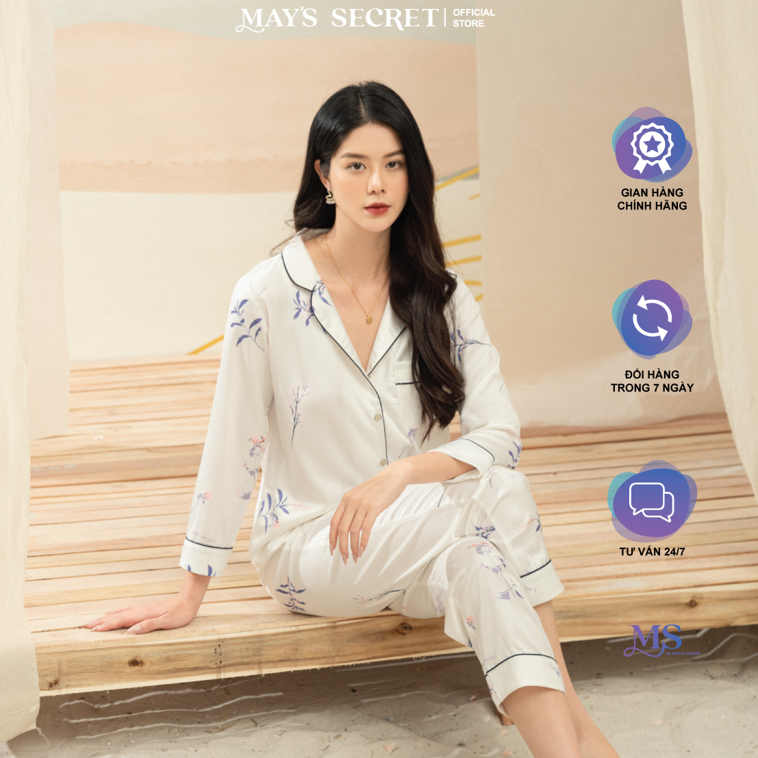 Bộ pyjamas lụa cao cấp in hoa tay cộc quần dài - May's Secret Bộ pyjamas lụa cao cấp in hoa tím tay cộc quần dài - May's Secret