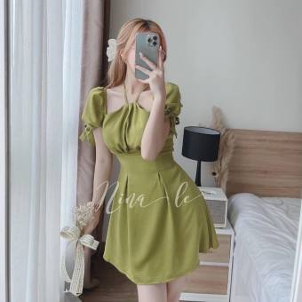 Đầm cổ yếm tay phồng, váy xòe nữ đi tiệc, váy cổ yếm, đầm tay phồng, đầm dáng xòe tiểu thư dễ thương