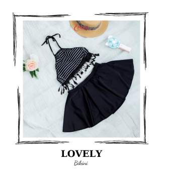 Bikini bầu, đồ bơi bà bầu hai mảnh rời chân váy yếm sọc trẻ trung