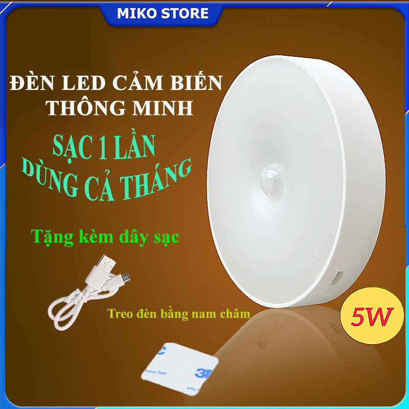 Đèn led tròn cảm biến thông minh dán tường, đèn cảm ứng chuyển động sạc usb, miko.