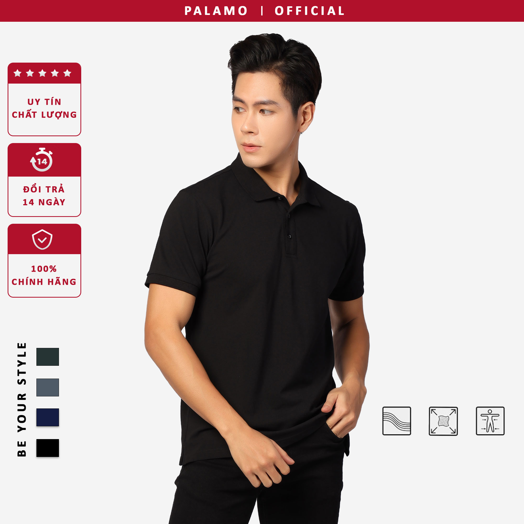 Áo phông polo nam Palamo classic, regular fit, cotton spandex / màu đen