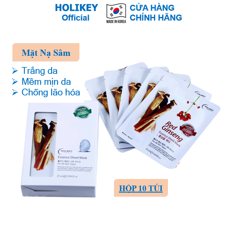 Hộp 10 túi mặt nạ giấy nhân sâm holikey hàn quốc chiết xuất từ hồng sâm dưỡng trắng da dưỡng ẩm & trẻ hóa làn da 25mlx10