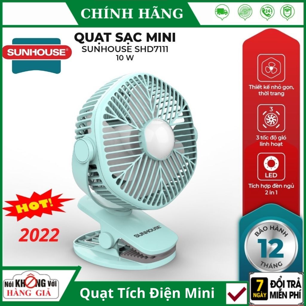 Quạt sạc mini tích điện kẹp bàn Sunhouse Shd7111 - bảo hành 12 tháng - Quạt sạc mini có đèn 3 tốc độ , Kẹp Xe Đẩy, Quạt sạc pin để Bàn , Quạt sạc mini có đèn
