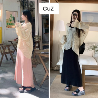 Bộ áo len cardigan len màu be kèm váy 2 dây vải thun bozip co dãn thoải mái mặc mọi thời tiết GUZ