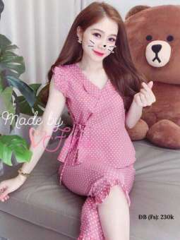 Sét Đồ Bộ Chấm Bi Áo Cánh Tiên Nhúng Eo & Quần Lửng Phù Hợp Mặc Nhà Dạo Phố tt 0619