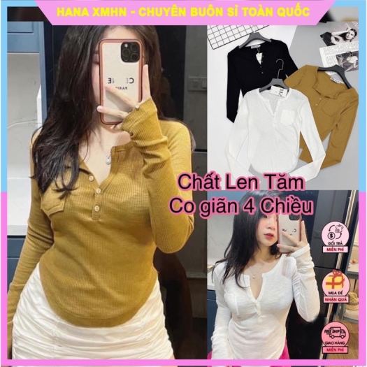 Áo Thun Dài Tay Áo Len Tăm Cúc Ngực Mềm Mát