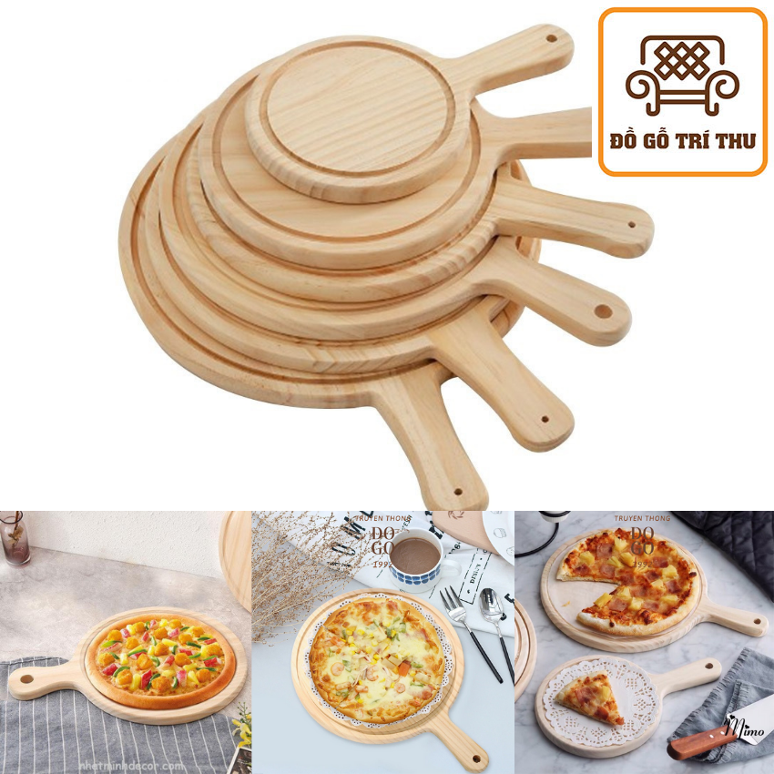 Khay gỗ đựng pizza, khay gỗ decor đựng đồ ăn có tay cầm chất liệu gỗ Thông