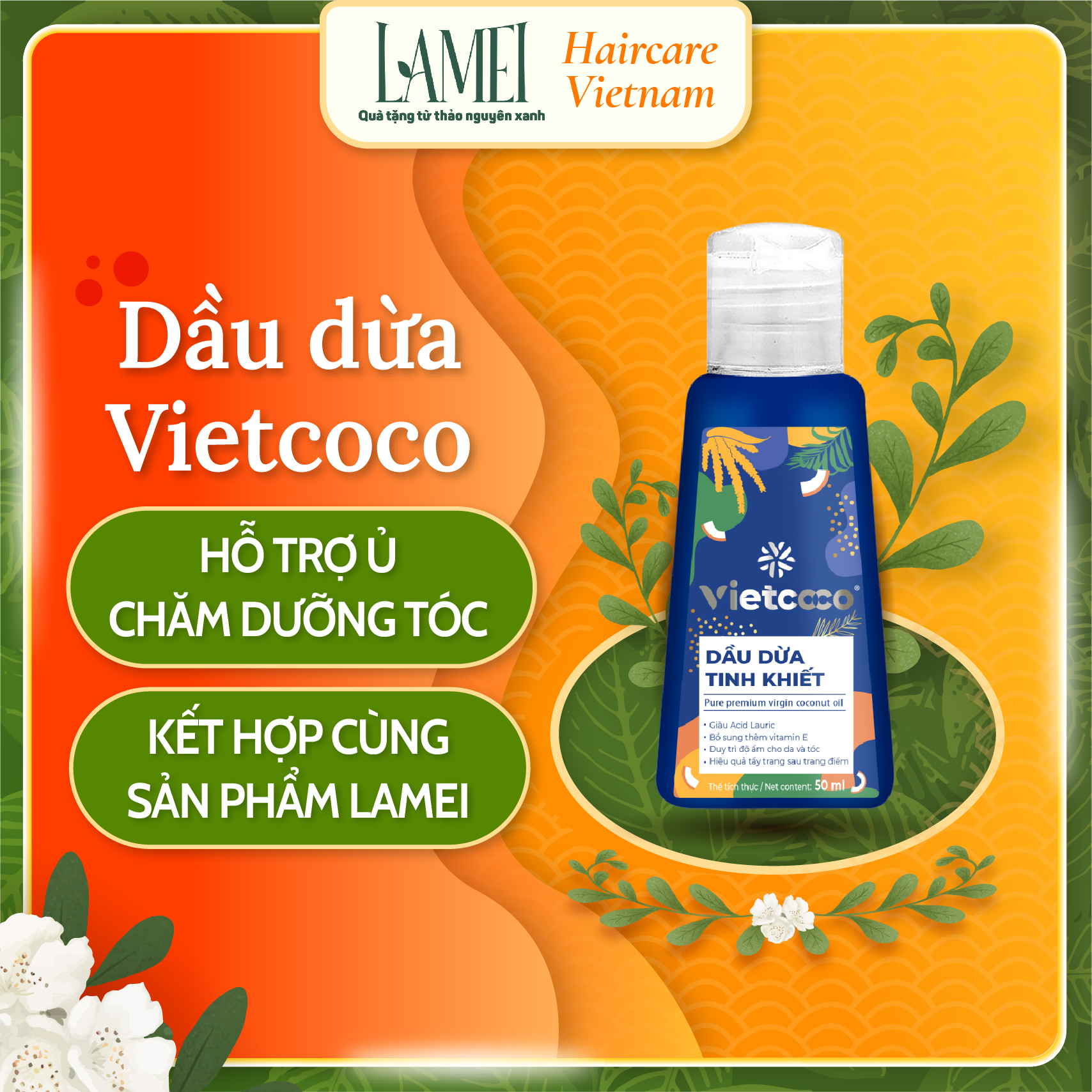 Dầu dừa tinh khiết vietcoco 50ml - dùng dưỡng tóc.