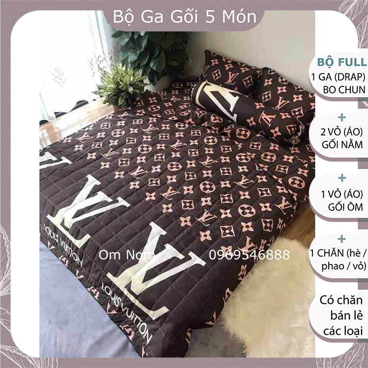 Bộ chăn ga gối 5 MÓN đẹp Hàn Quốc chất cotton poly: 1 drap giường + 2 vỏ gối + 1 vỏ ôm + 1 chăn, họa tiết LV NÂU sang trọng