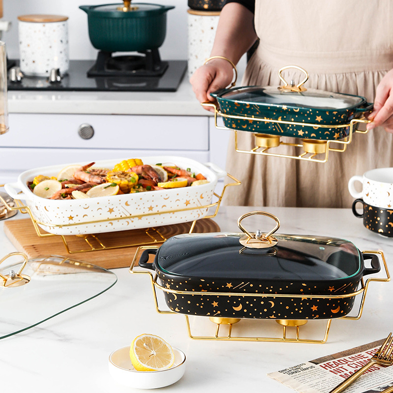 Gambar Nordic Household with Lid Soup Pot Binaural Creative Square Casserole Rack with Candle Holder Ceramic Dry Pot Heating Tableware