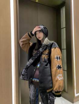 Áo Bomber Da Phối Tay Nâu Unisex🦋 Áo Jacket Da Lộn Nam Nữ Dáng Rộng In Chữ Cúc Bấm 🦋