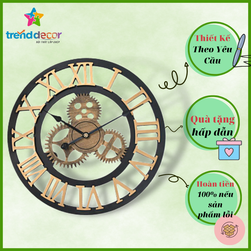 Đồng hồ gỗ treo tường chất liệu gỗ máy kim trôi thiết kế decor trang trí nhà và quán cafe
