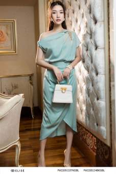 Chân váy lụa xanh ngọc nhún ly sườn thiết kế Elise FW2205134BKSIBL