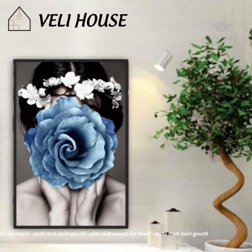 [ Size 40x60 cm ] Tranh vải canvas trang trí tường kcv33 - Cô gái & hoa - Kèm khung - Veli hous