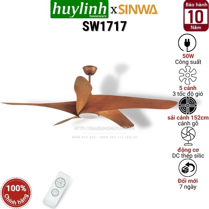 Quạt trần đèn led cánh gỗ phay sinwa sw1717 - 5 cánh - dc inverter