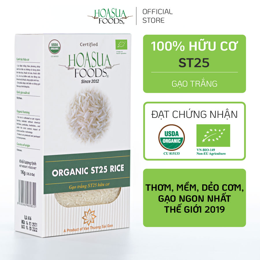Gạo organic st25 hữu cơ hoa sua foods dẻo thơm, ngon nhất thế giới - 1kg