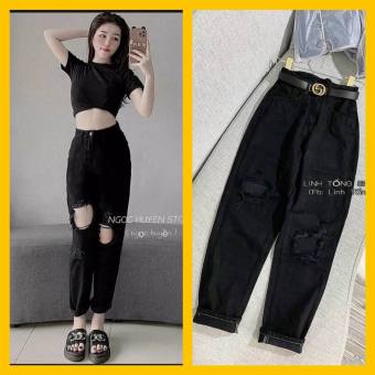 Quần Baggy Nữ Lưng cao , quần baggy  đen rách to mẫu mới,quần nữ lưng cao baggy màu đen TQ Jean