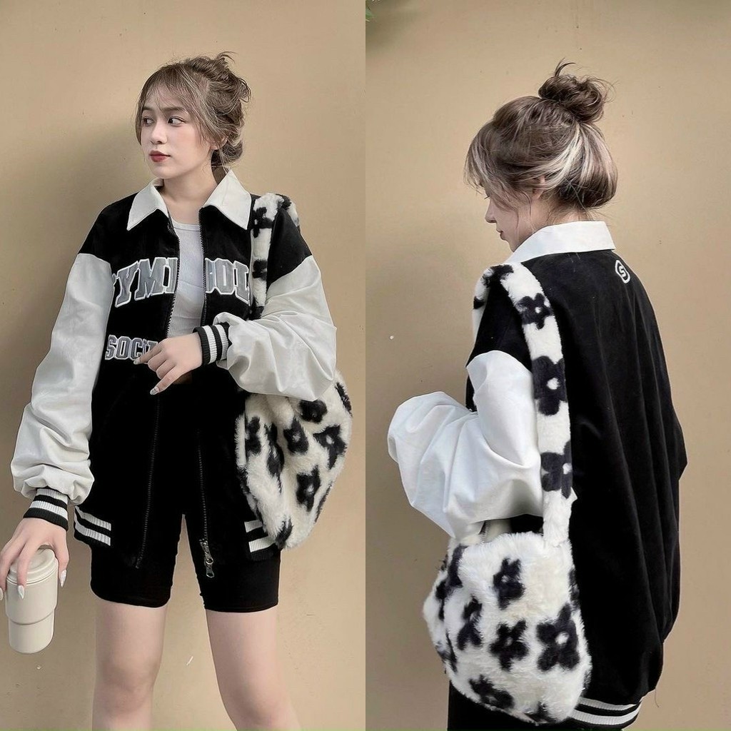 Áo khoác nhung nam nữ 2 lớp kiểu cổ gấp logo thêu chữ symbolic kiểu dáng mới lạ hot trend