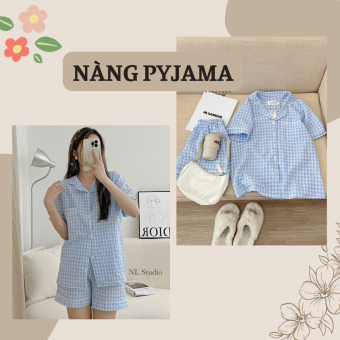 Bộ Pyjama đồ bộ ngủ mặc nhà vải đũi mềm sọc caro xanh pastel cho mùa hè