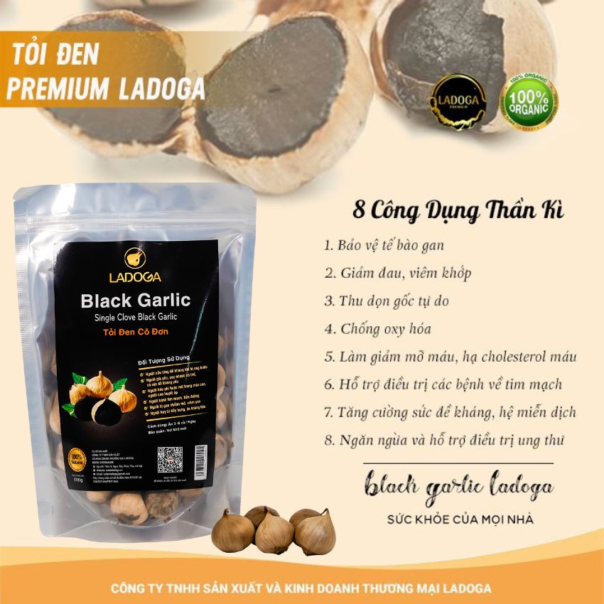 Tỏi đen Ladoga Premium túi 500g hàng cao cấp lên men tự nhiên 90 ngày, công nghệ Nhật Bản, an toàn vệ sinh thực phẩm.