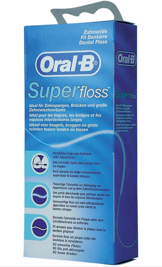Chỉ nha khoa cho cầu răng, implant, niềng răng oral b super floss mint 50 sợi