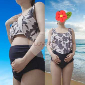 Đồ bơi bà bầu hai mảnh quần cạp cao che bụng áo trắng