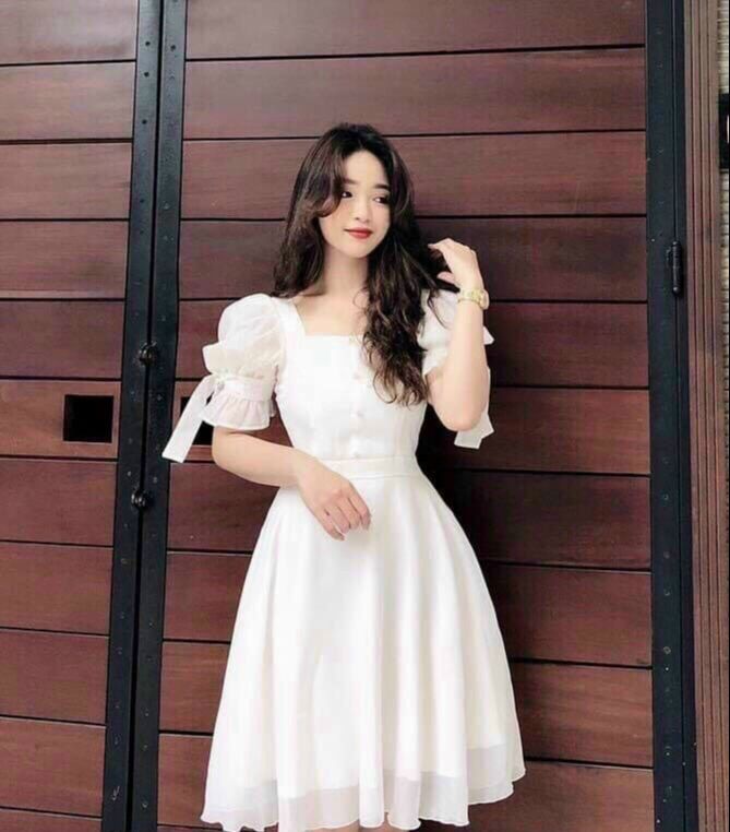 [Mẫu mới]Đầm Nữ Tay Ngắn Phối Voan Thiết Kế Sang Trọng Cổ U Trắng Tinh Thời Trang HARI