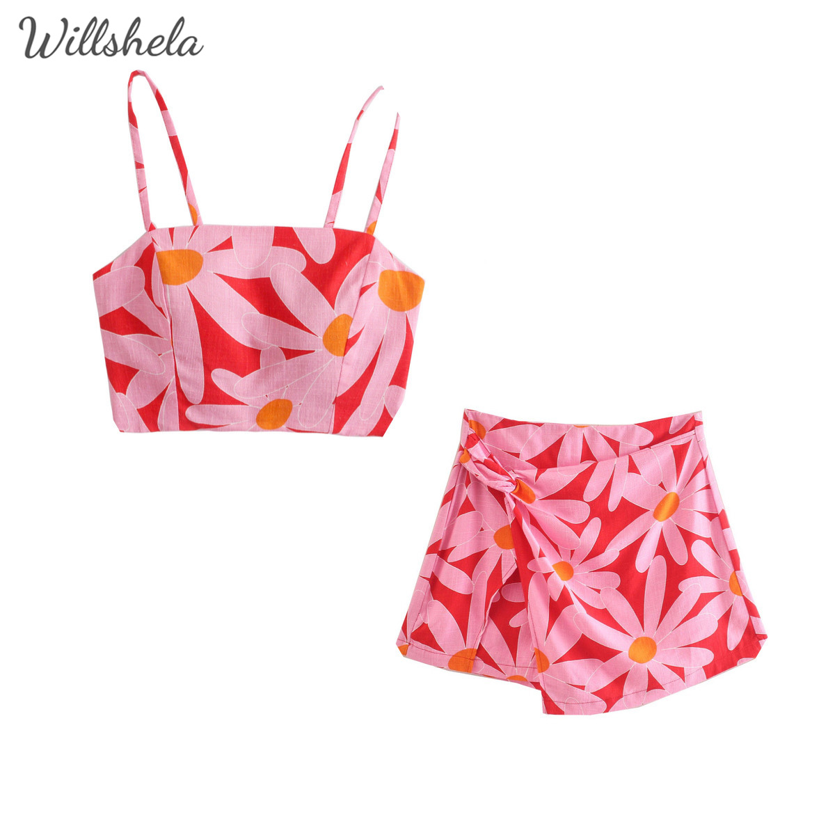 Willshela Áo Hở Eo In Hoa Thời Trang Xuân Hè Cho Nữ Bộ Áo Yếm Và Váy Ngắn Cạp Cao Bộ Quần Đùi Trang Phục Nữ Thanh Lịch Sang Trọng Ngọt Ngào