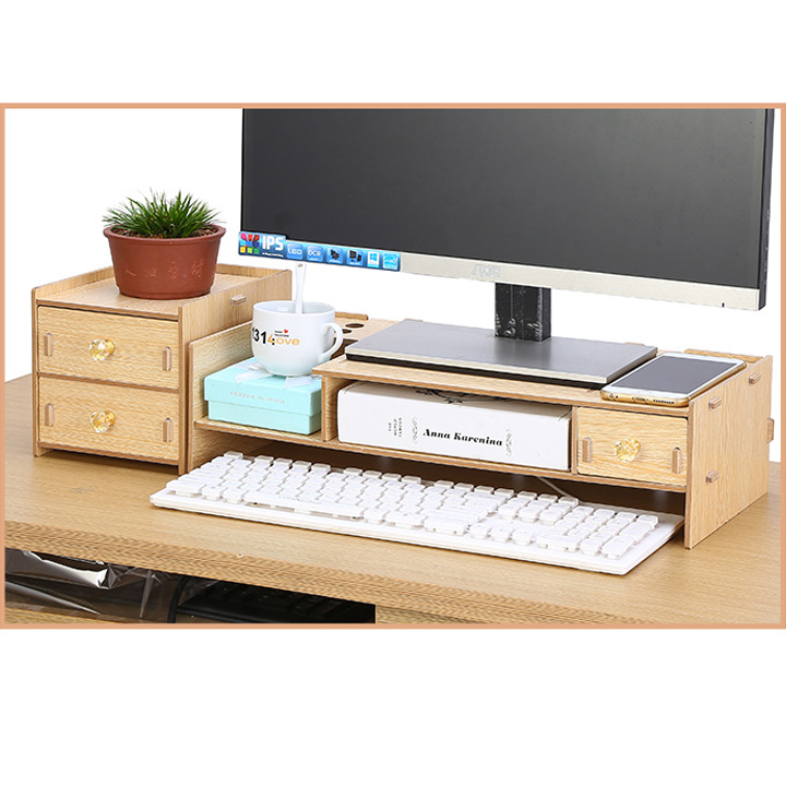Kệ gỗ để màn hình 2 tầng 64.5x20x13.5, có ngăn tủ phụ bên cạnh , giá để màn hình laptop, kệ để màn hình, kệ máy tính, bàn máy tính,