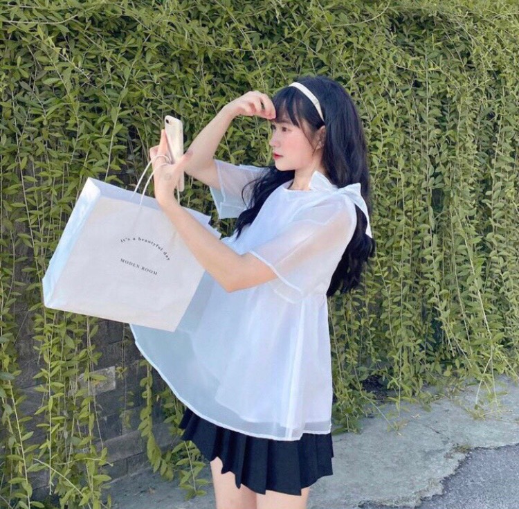 Áo kiểu nữ dáng babydoll phối nơ siêu xinh, áo nữ chất voan tơ cổ tròn dễ phối đồ