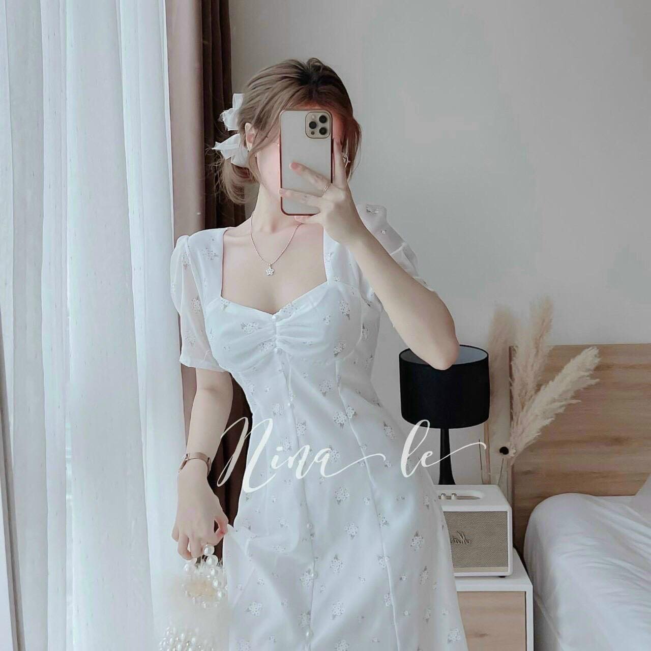 Đầm tiểu thư cổ vuông tay phồng nhún ngực xinh xắn fashionzero