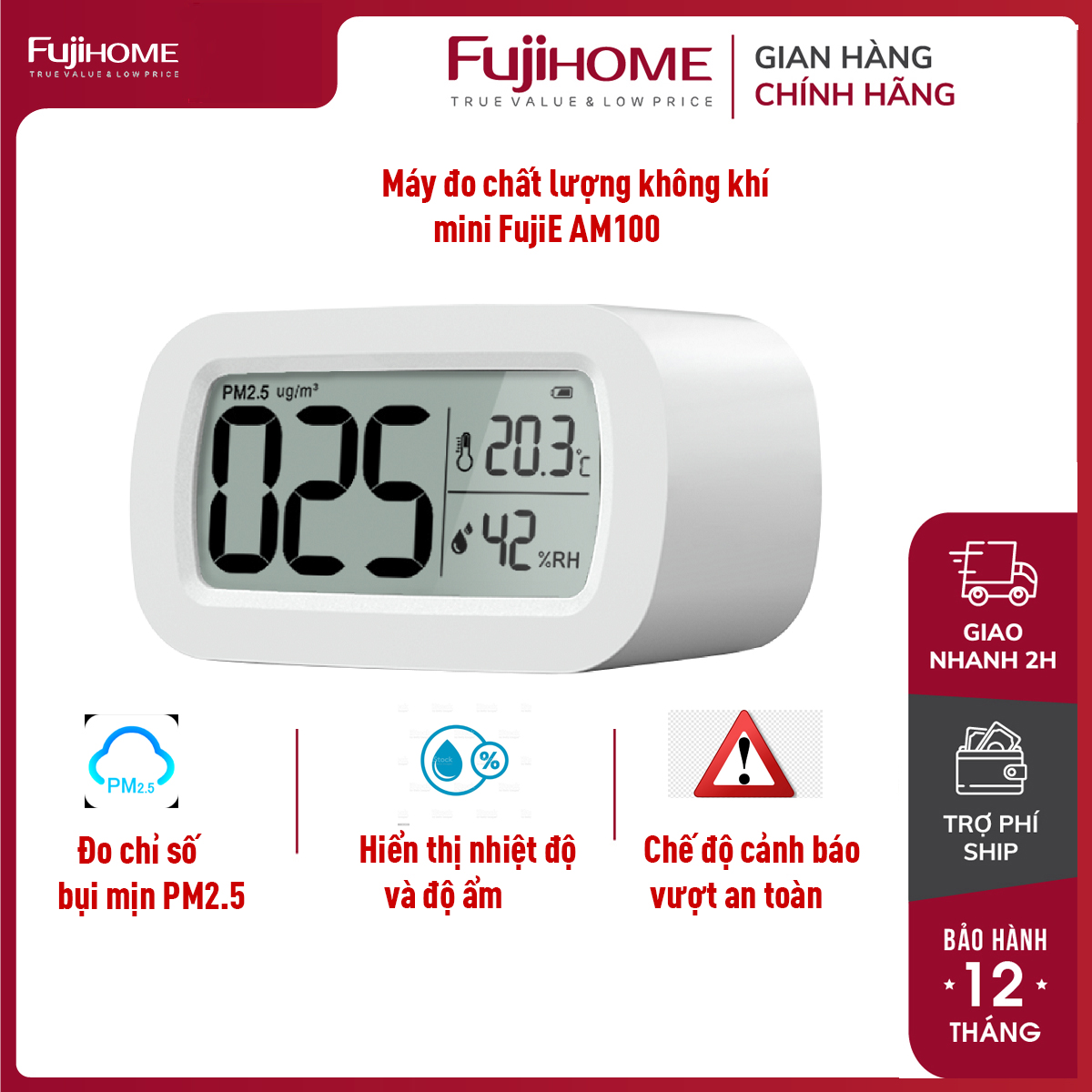 Máy đo chất lượng không khí, nhiệt độ , độ ẩm mini nhập khẩu FujiE AM100, đồng hồ đo chỉ số bụi mịn PM2.5, cảnh báo CLKK vượt mức an toàn - Chính hãng BH 1 năm